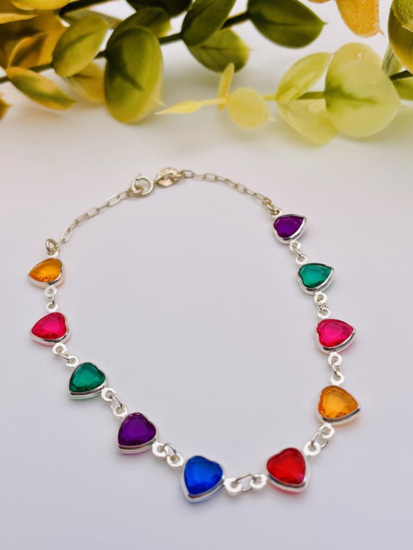 Pulseira de Prata com Banho de Ródio e Pedras Coloridas