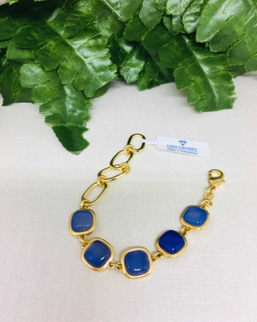 Pulseira Elos Com Pedras Naturais Cor Azul Bic