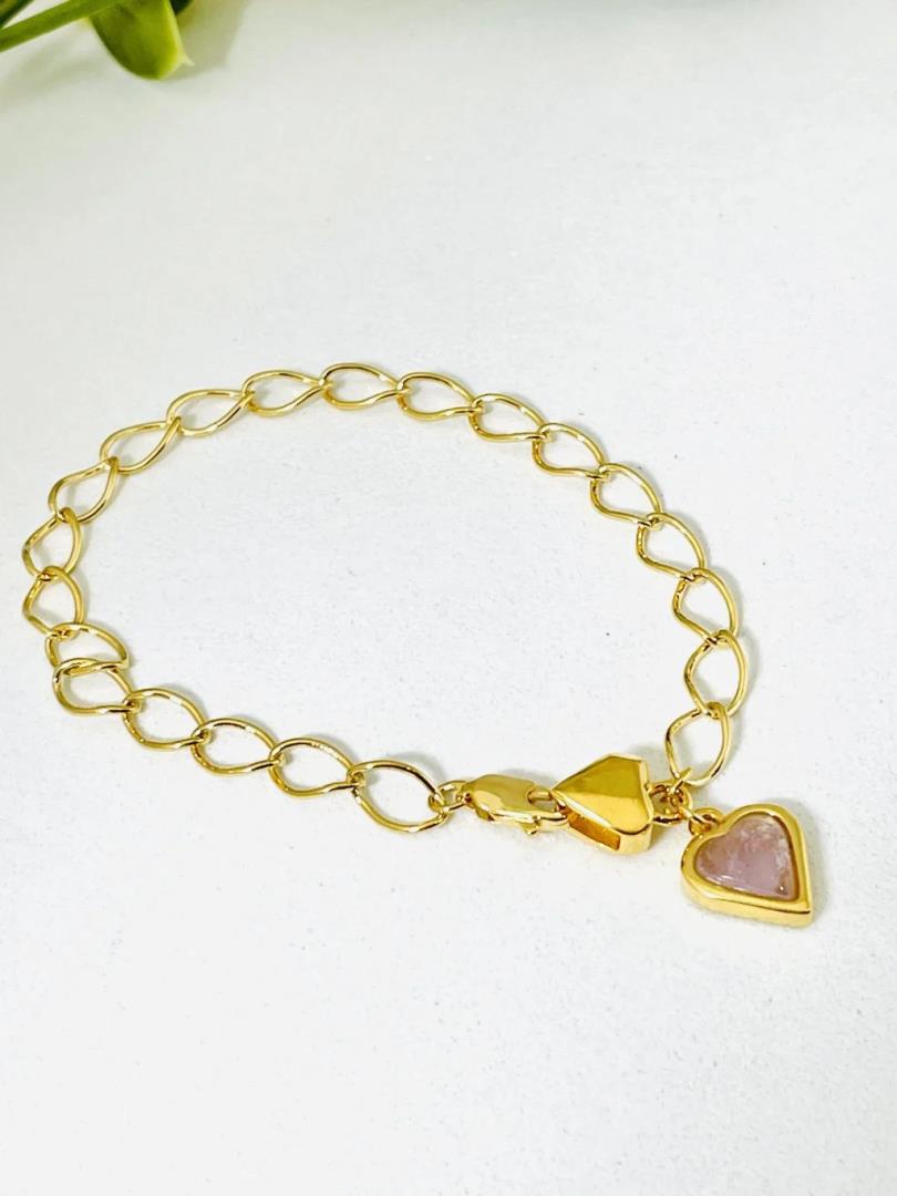 Pulseira Elos com Pingente Coração Pedra Quartzo Rosa