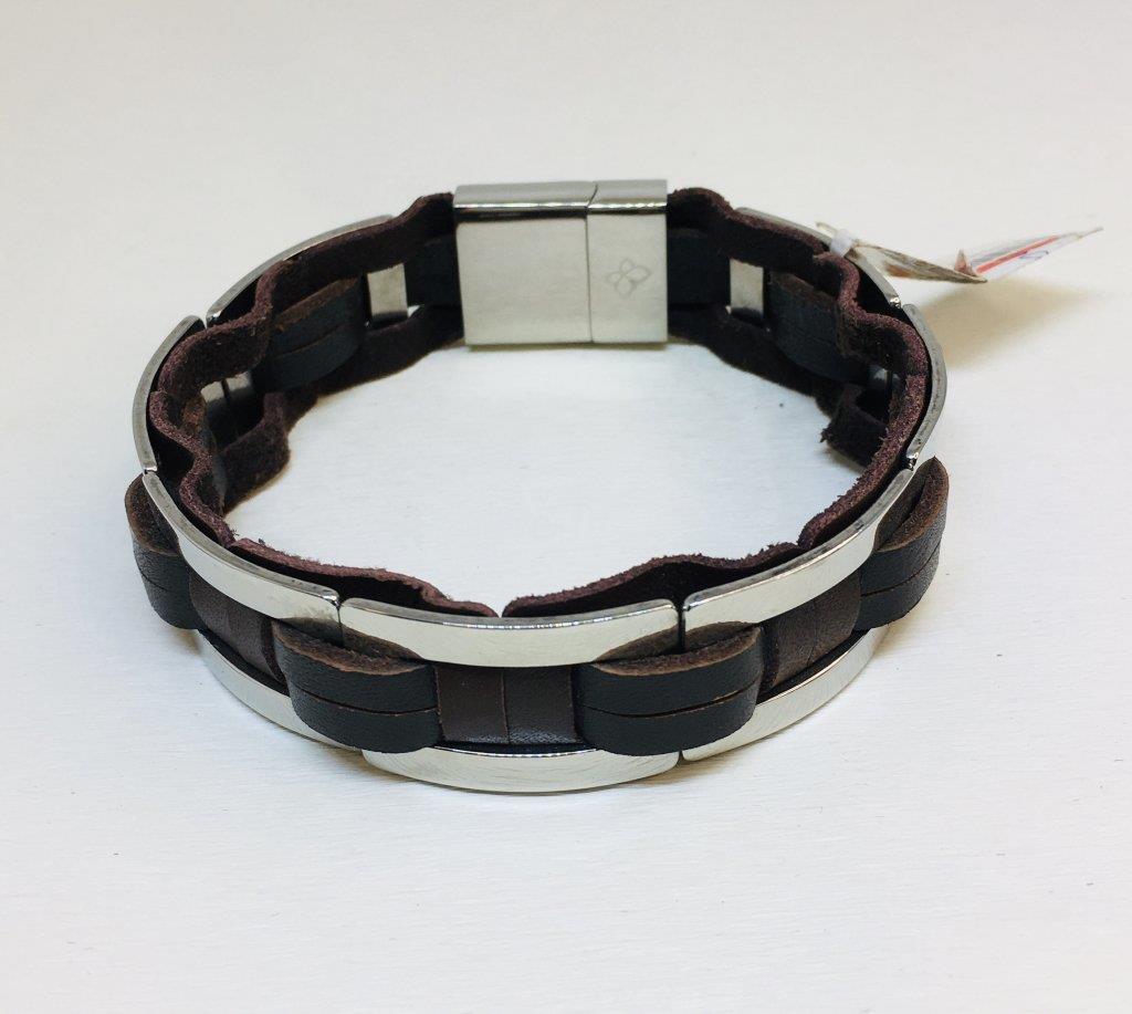 Pulseira De Couro Marrom Escuro Com Detalhes Em Aço