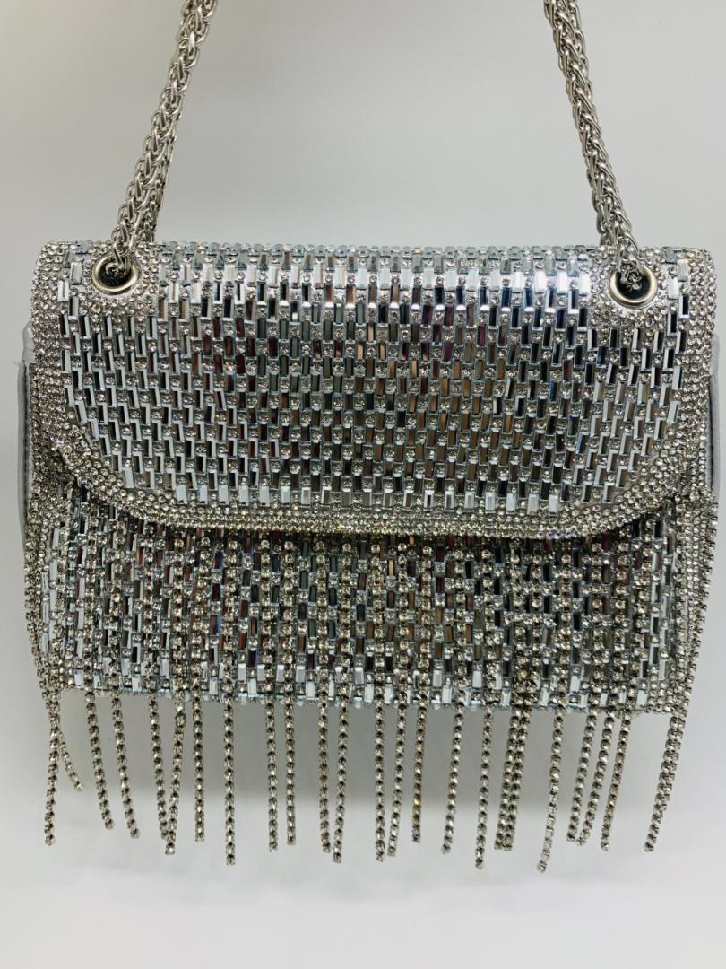 Bolsa Cor Prata Com pedrarias E Corrente Metálica