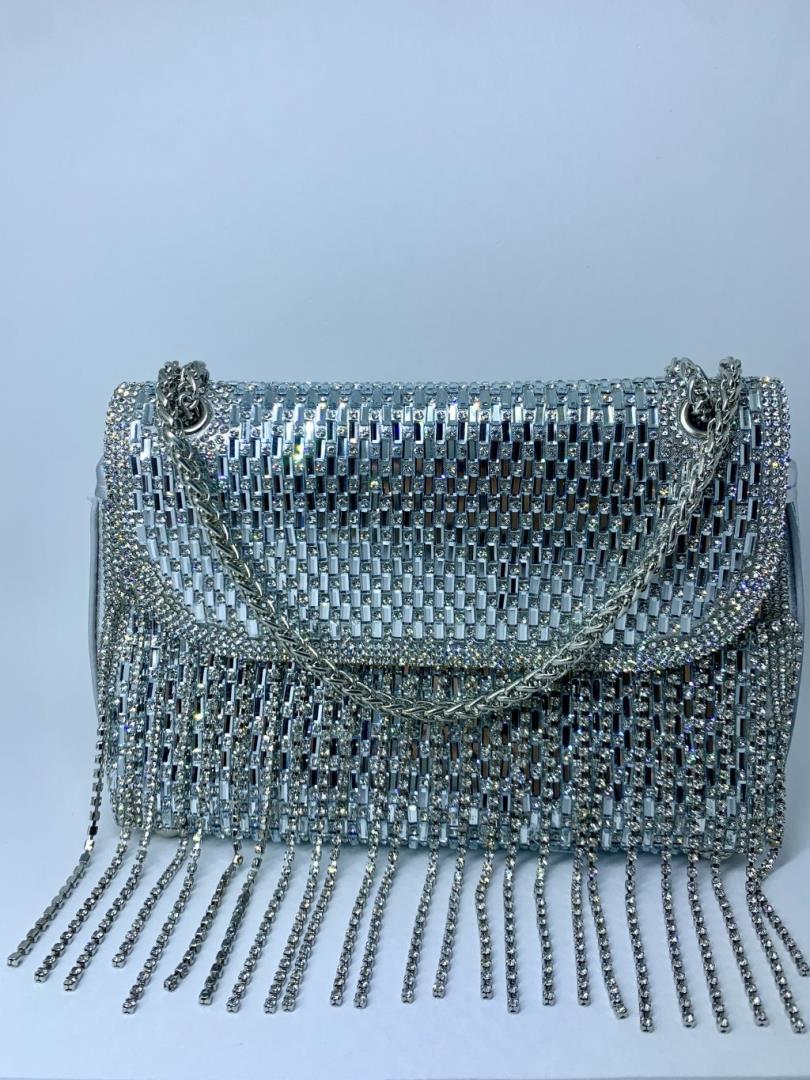 Bolsa Cor Prata Com pedrarias E Corrente Metálica - Imagem 2