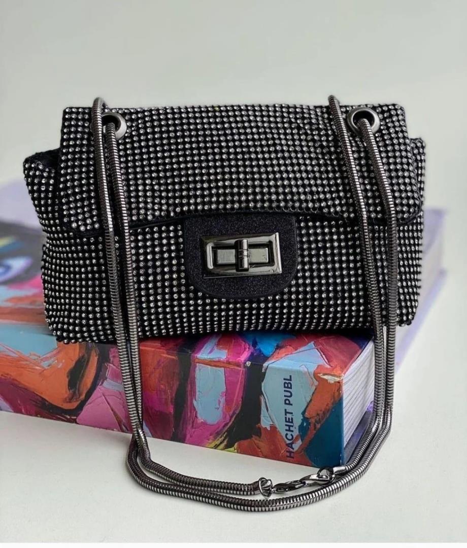 Bolsa de Festa, material sintético,Com Strass Corrente Com Banho De Ródio Negro