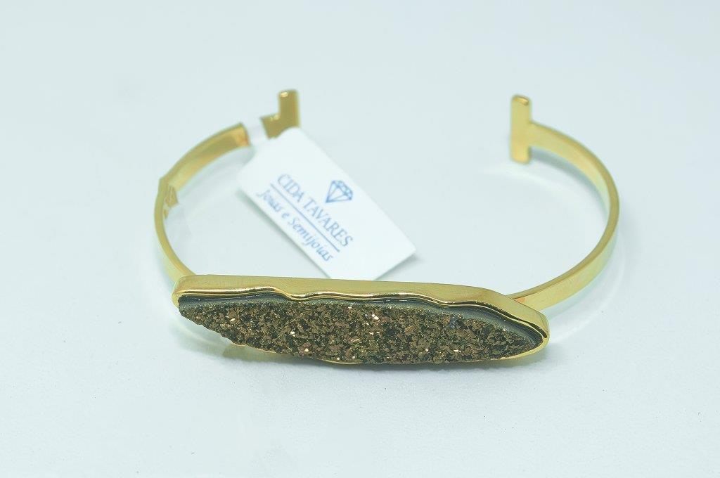 Bracelete Aberto Com Pedra Natural Drusa Dourada