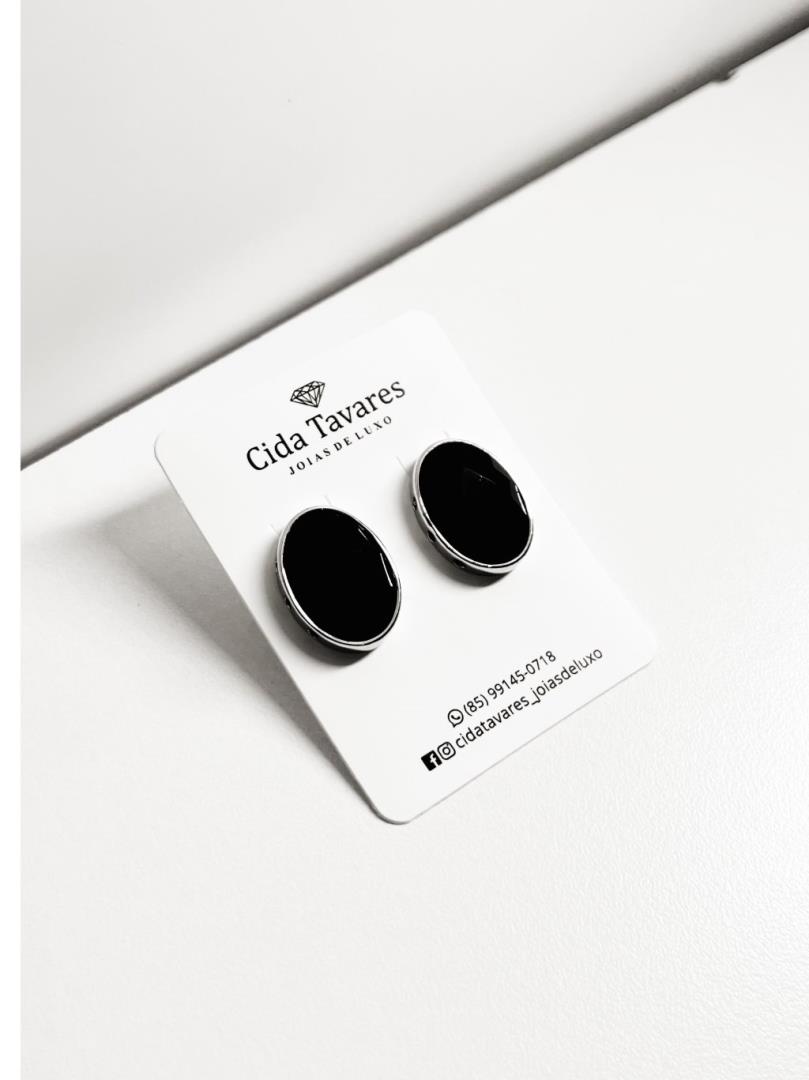 Brinco Com Banho De Ouro Branco Pedra Ônix Oval Facetada