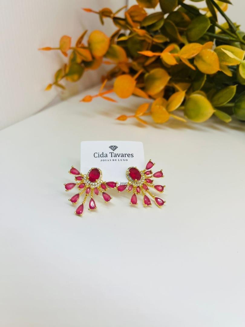 Brinco Cravejado Com Zircônias E Pedra Rosê