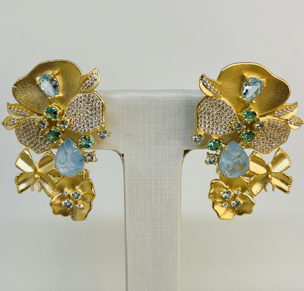 Brinco De Luxo Com Pedras Agua Marinho E Zircônias Cravejadas