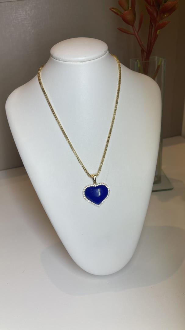 Colar Com Pingente Formato Coração Pedra Natural Cor Azul Bic