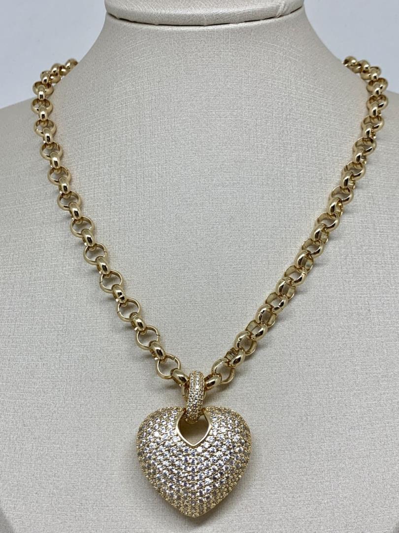 Colar Elo Português com Pingente Coração Cravejado