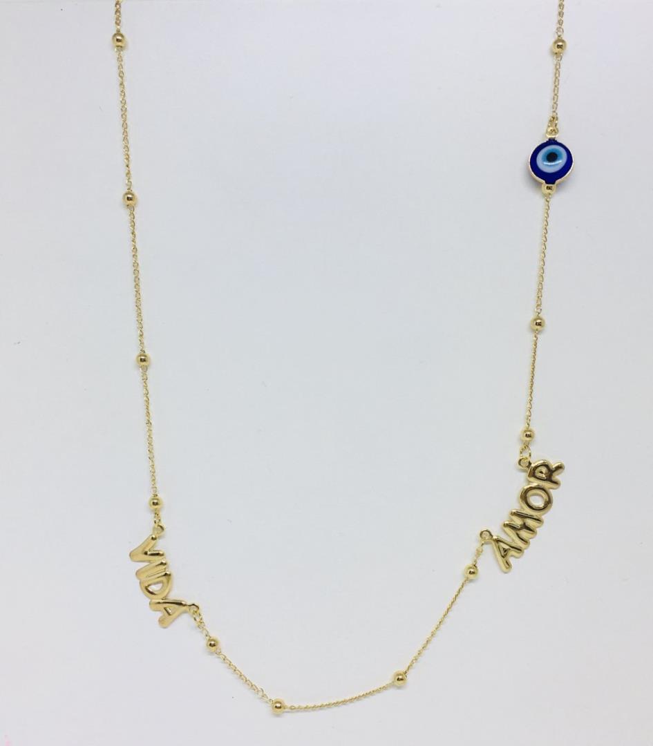 Colar Longo Com Esferas e Pingentes Olho Grego Paz Amor e Vida