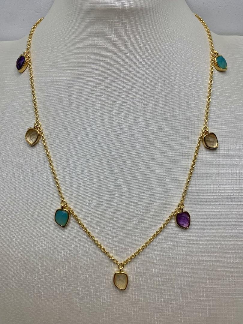 Colar Matizado Pedras Hematita Verde Rosa E Quartzo Azul Anil