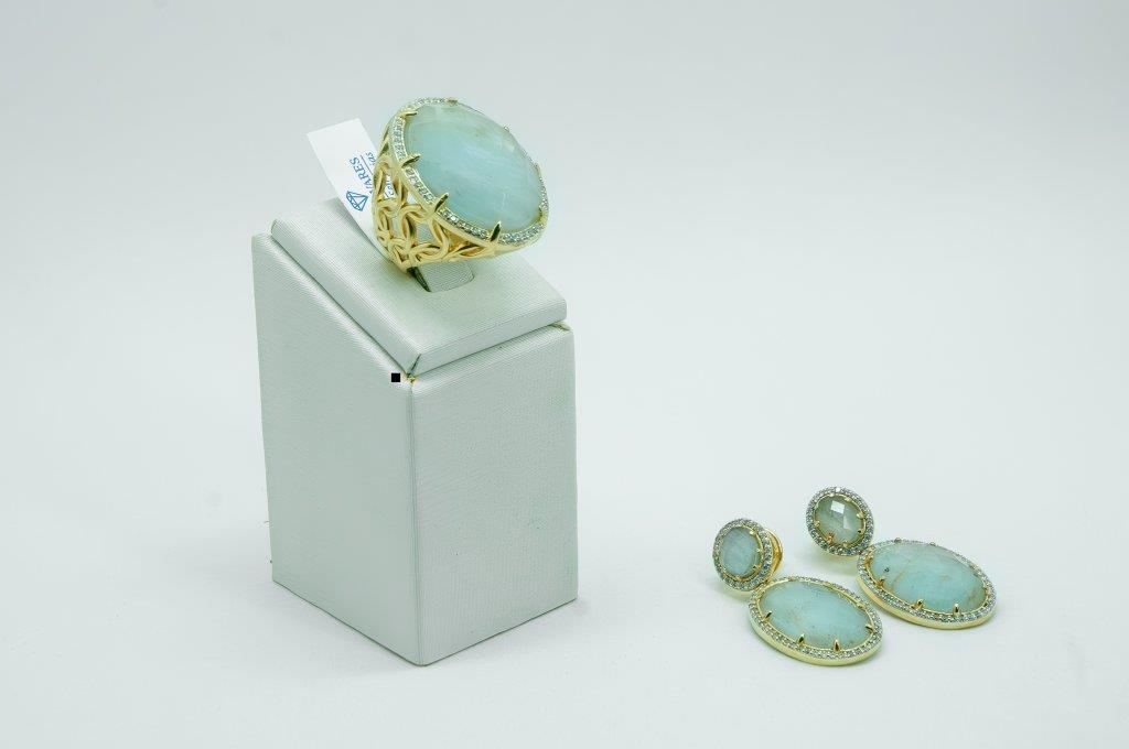 Conjunto Anel E Brinco De Pedra Natural Água Marinha Cravejado De Zircônias