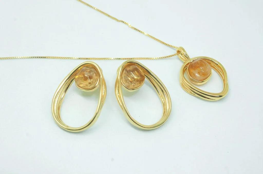 Conjunto Colar Com Pingente E Brinco Com Pedra Natural Citrino