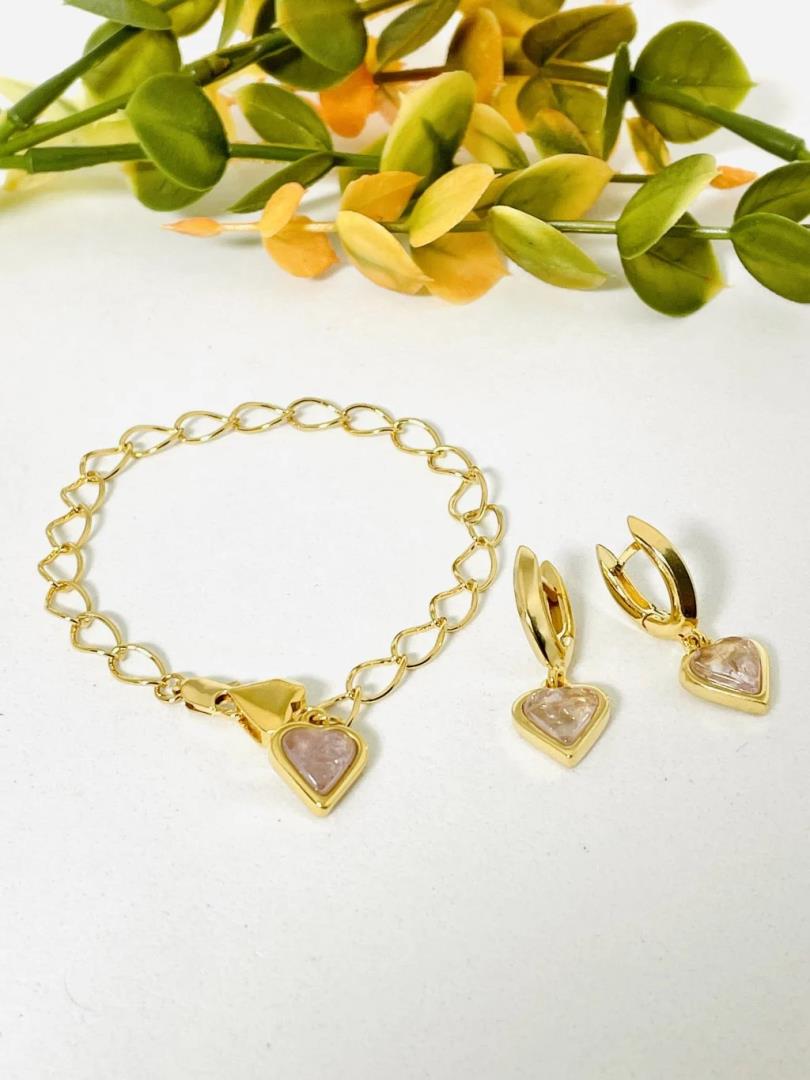 Conjunto com Pingente Coração Pedra Quartzo Rosa