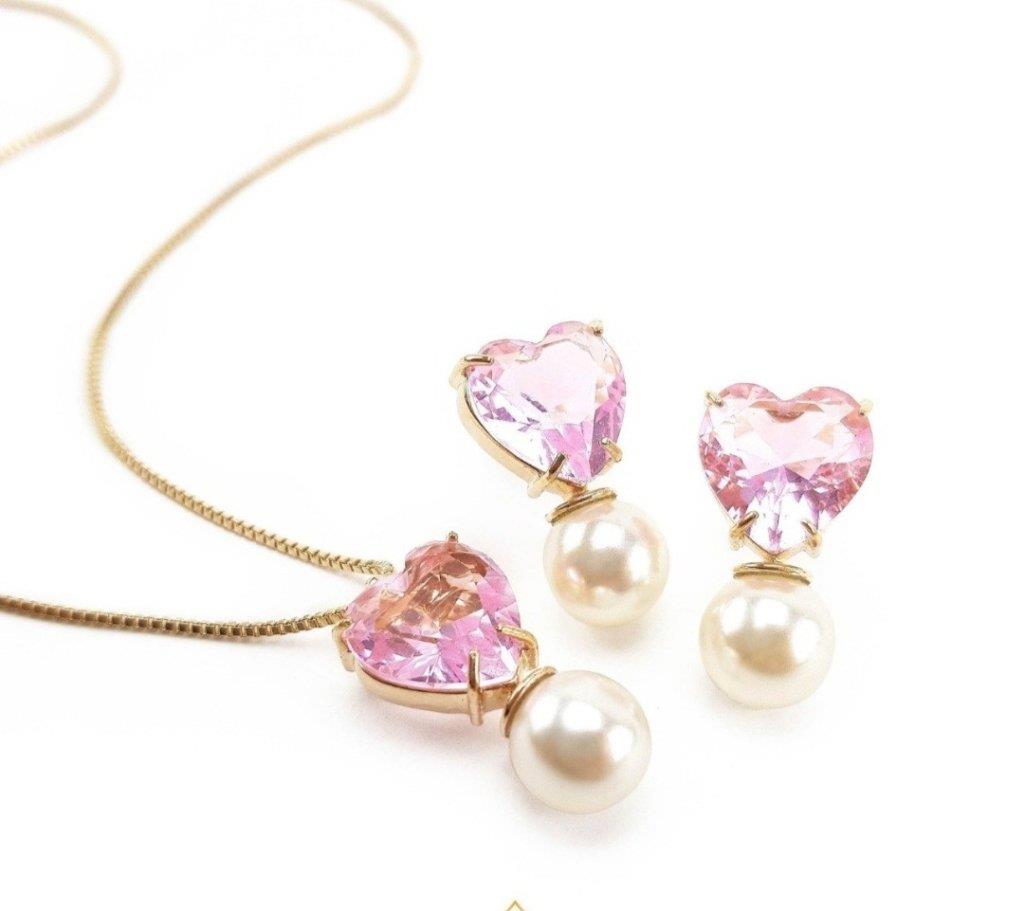 Conjunto Coração De Pérola Com Cristal