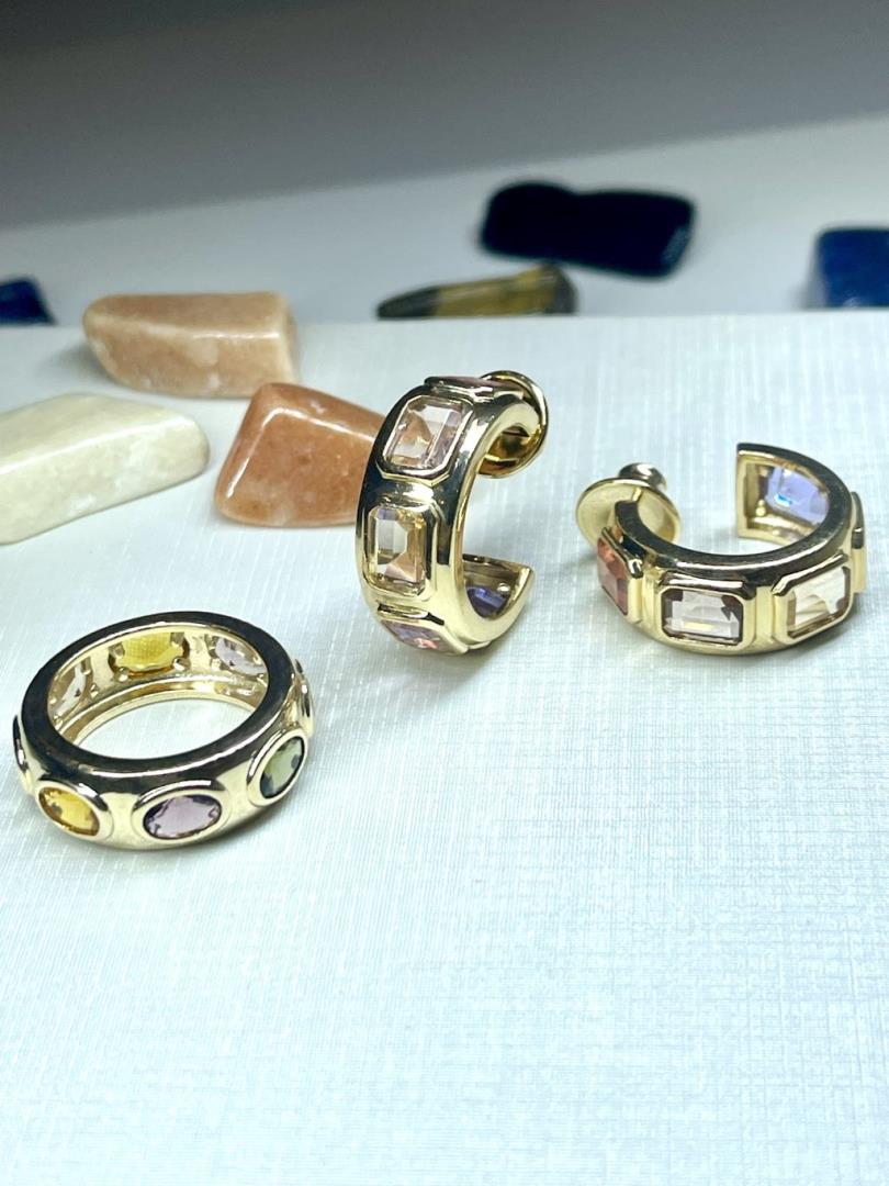 Conjunto Cravejado Com Pedras Citrino Cristal Rodolita