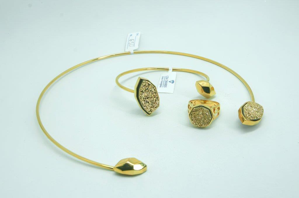 Conjunto Jóias De Luxo Com Pedra Natural Drusa Ouro