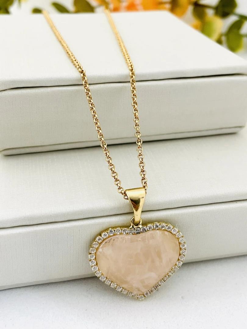 Corrente Pingente Coração Pedra na Cor Rosa