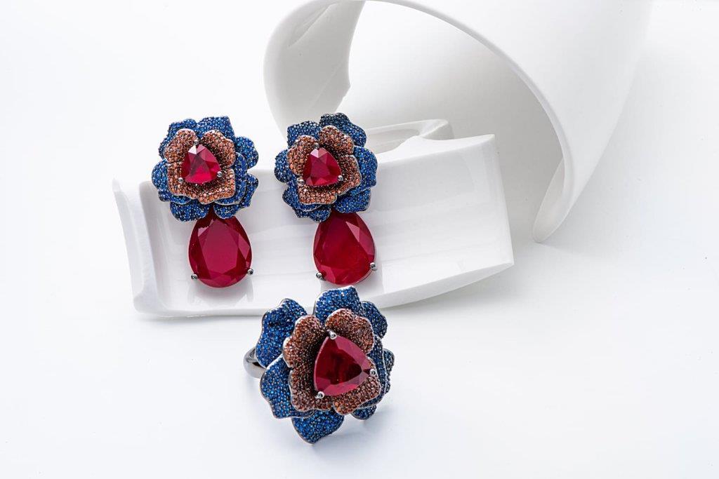 Anel E Brinco Com Pedras Rubi e Safira Azul
