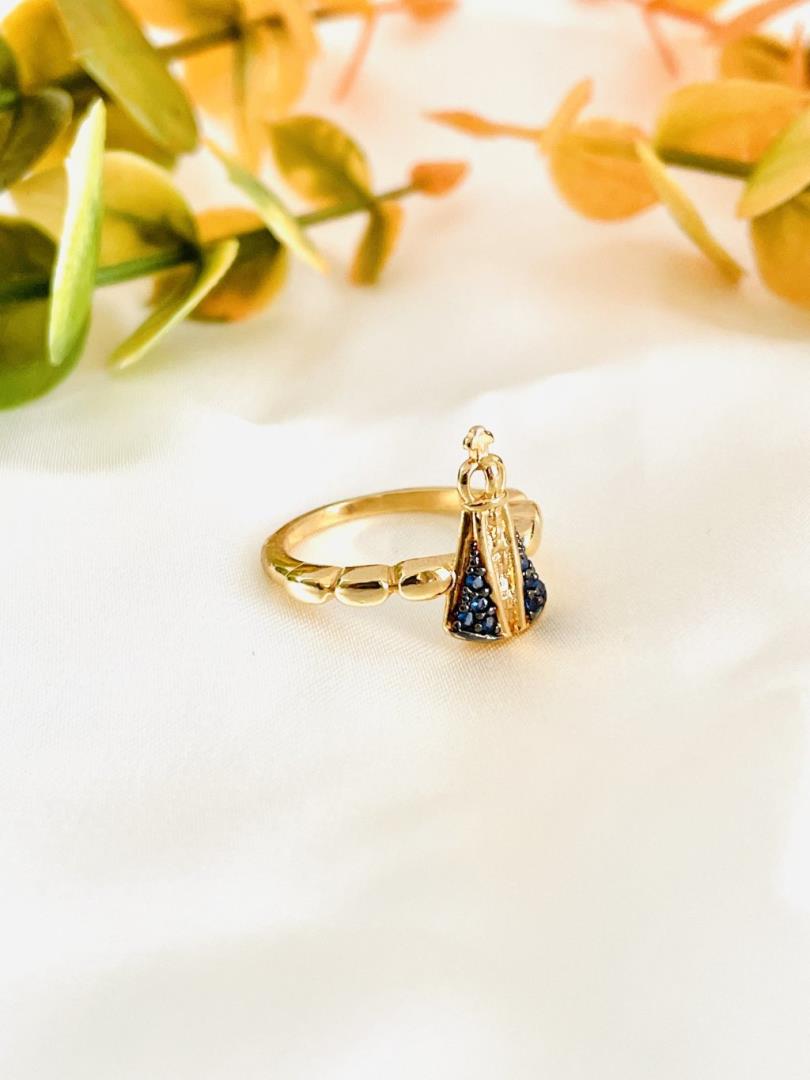 Anel Nossa Senhora Aparecida com Pedras Safira Azul