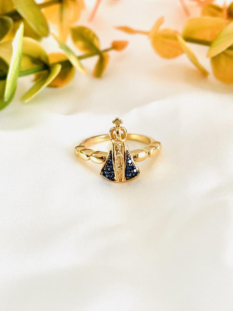 Anel Nossa Senhora Aparecida com Pedras Safira Azul - Imagem 2