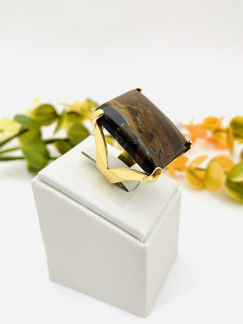 Anel Banho de Ouro 18k com Pedra Olho de Tigre