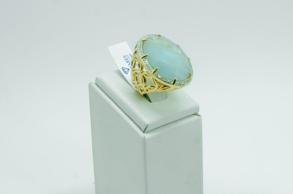 Anel De Pedra Natural Oval Água Marinha Cravejado De Zircônias