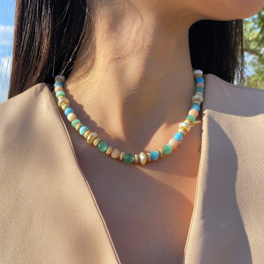 Colar com Pedras de Cristal, Vidro Fosco