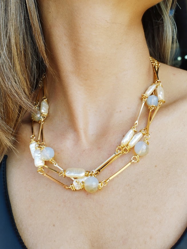 Gargantilha em Pérolas em ABS e canos em Alumínio e Cristal - Imagem 2