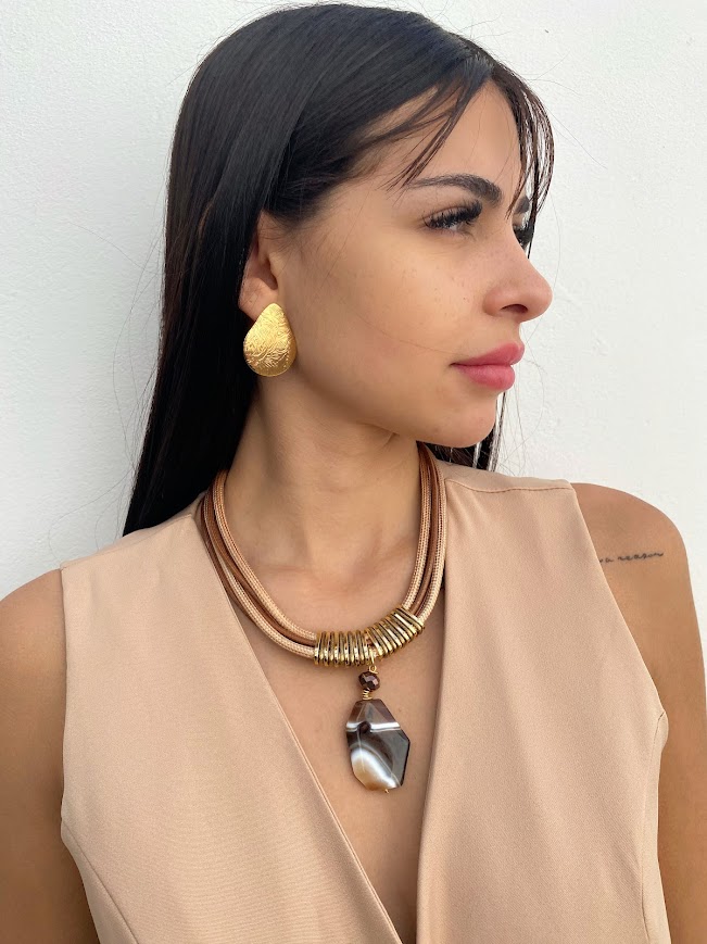 Colar Fio Encerado Com Pingente Olho de Tigre Sintético - Imagem 2