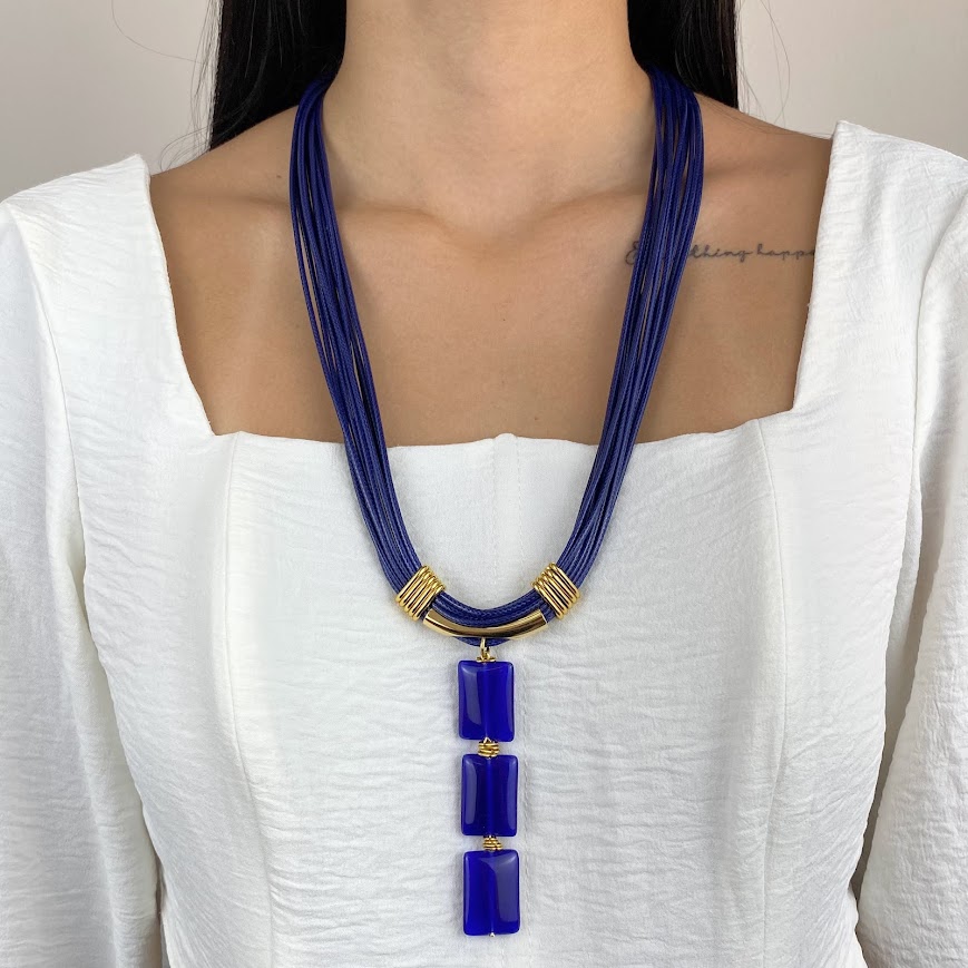 Colar Fio Encerado com Pingente Pedra Azul Anil