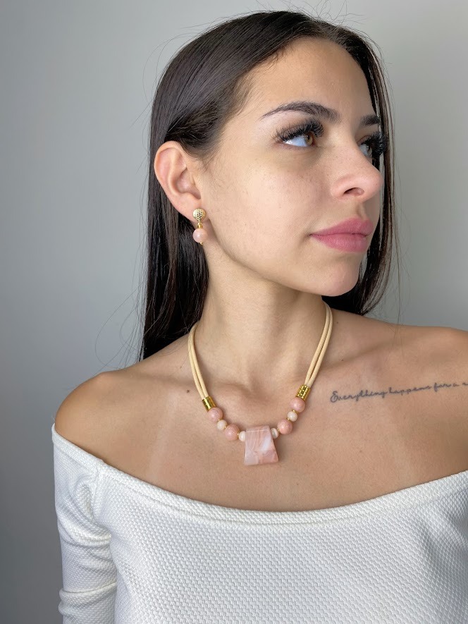 Conjunto Colar e Brinco Metal Banhado com Pedra Sintética Rosê - Imagem 2