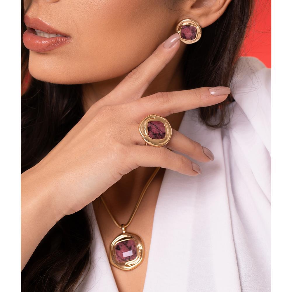 Brinco Dourado Pedra Rodonita - Imagem 2